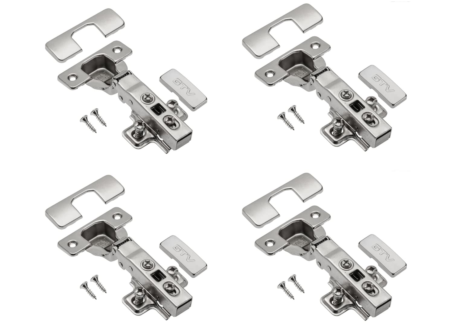 GTV - 4 x Hydraulic Hinges ECHC, Overlappable - Hinge with Damping - Corner Stop - Mounting Plate H=0 with Euro Screws - Silent Closing - Furniture Hinge Cupboard Door Hinge