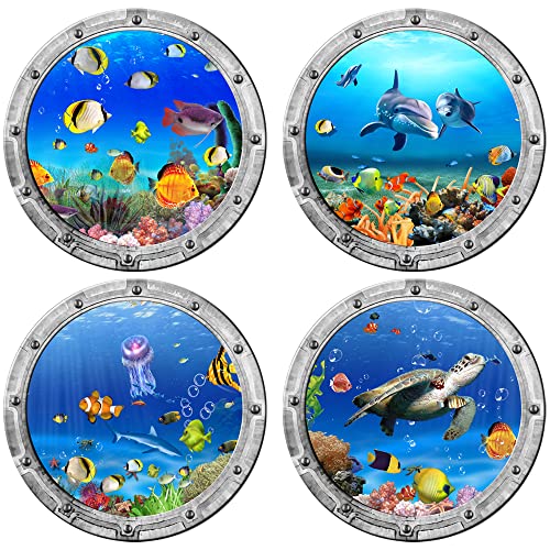 Ocean Animals World Under Sea Wall Stickers Decor Includ Sea Turtles Decor, Dolphins Fishes Jellyfish 4 Pcs Removable Peel And Stick Vinyl Stickers For Wall,Bedroom,Bathroom #TOP10