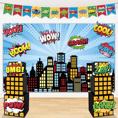 18 Pcs Super Theme Party Birthday Hero Decorations Set Super Party Backdrop Banner with Pre-Strung Flags Hero Theme Paper Boxes and Table Cards for Boys Kids Birthday Photo Booth Supplies Favor