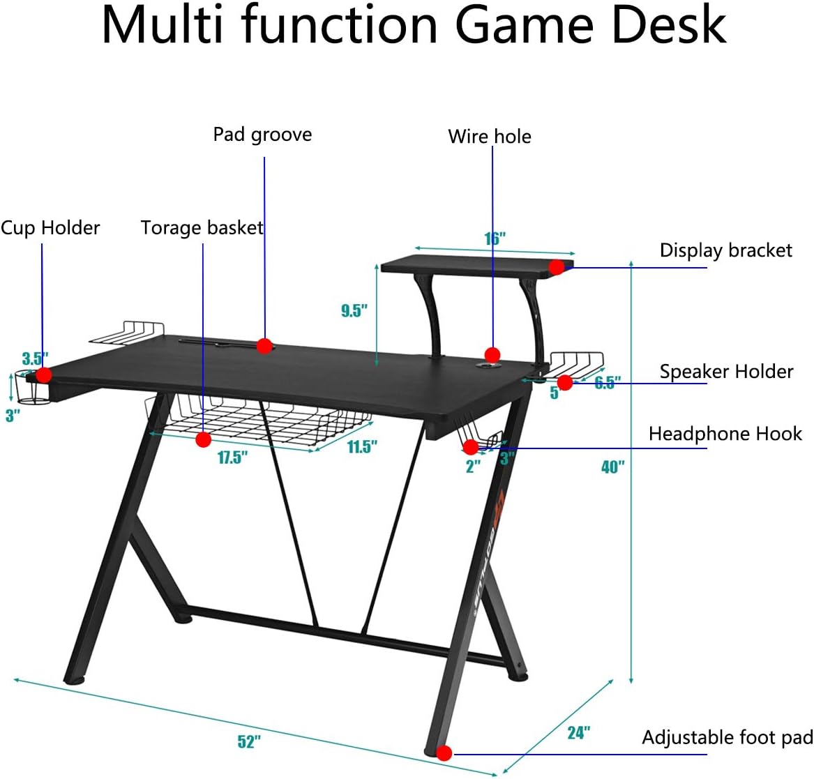 POWERSTONE Gaming Desk 52“ - Computer Desk with Monitor Shelf Storage Basket Cup Holder Speaker Holder & Headphone Hook Racing Style Gamer PC Workstation