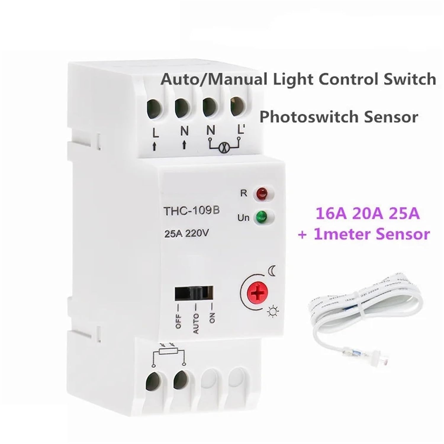 Auto or Manual On Off Photocell Light Controller Switch with Sensor 16A 20A 25A AC220V Din Rail Smart Switch(THC-109 16A)