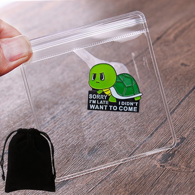 Image of Sorry I'm Late Enamel Pin, Green Turtle Cartoon Animal Pin for Backpacks, Hats, Bags