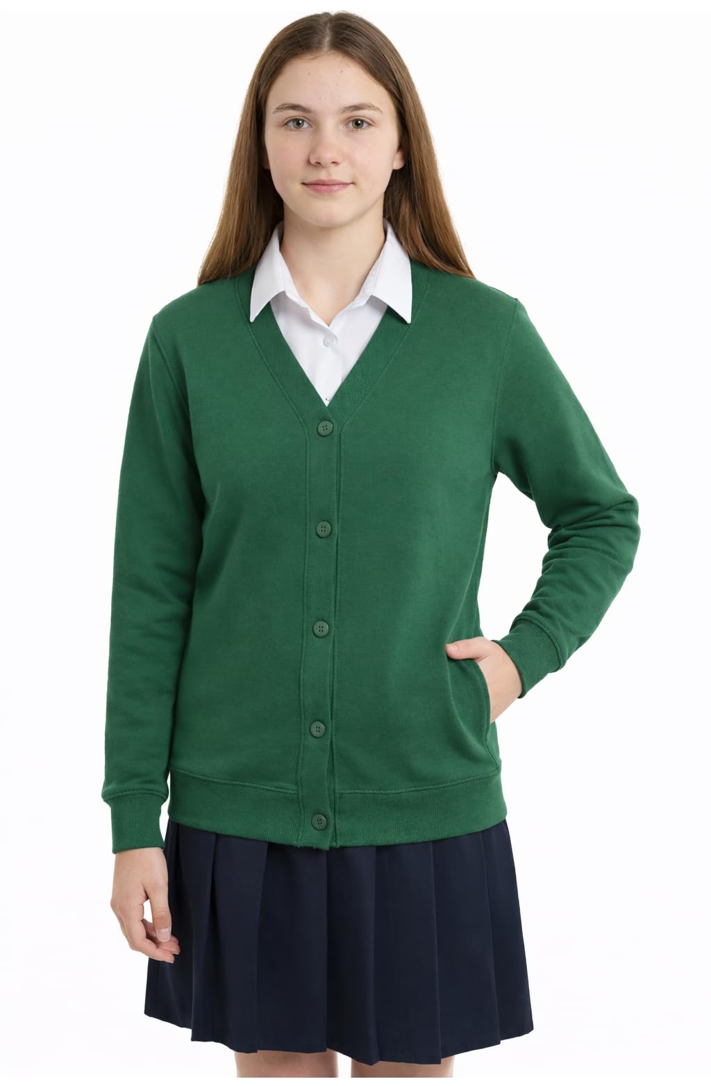 INSAFIANS Girls School Cardigan Stretchable Fleece Sweat Shirt with Front Buttons & Pockets (as8, Age, 7_Years, 8_Years, Regular, Light Green)