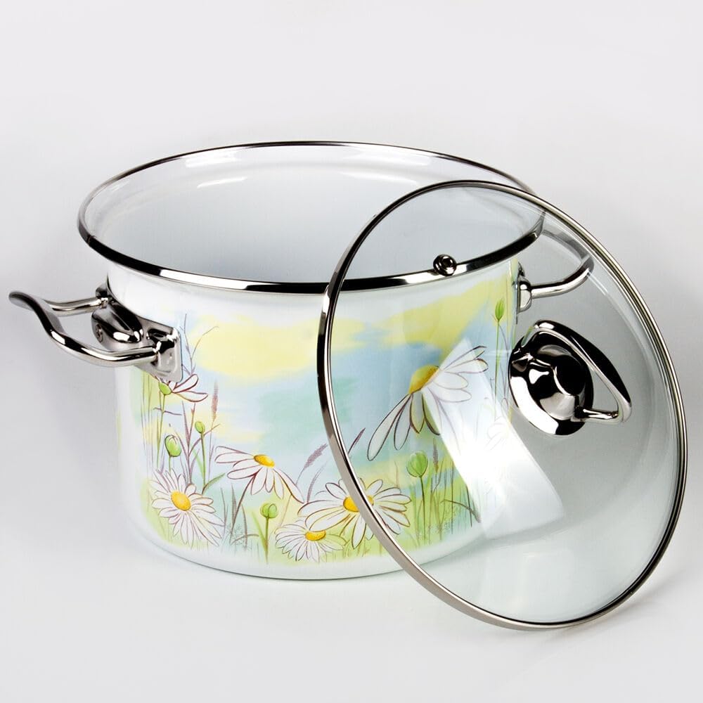 Daisy Fields Enamel Pot with Glass Lid Set of 3 pcs, Enamel Cooking Pots, Soup Pot, Enameled Steel Stockpot, Induction/Dishwasher Safe (Daisy Fields, 5.8 Qt)
