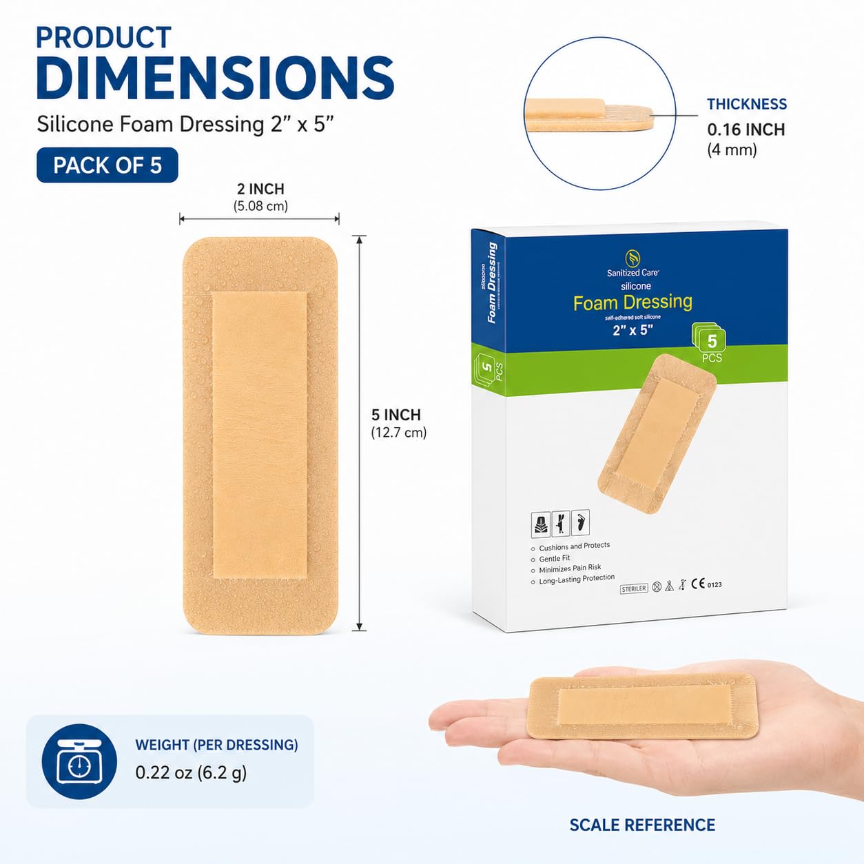 Silicone Foam Dressing with Adhesive Border 2"x5" Pack of 5, Silicone Bandages for Wound Care, Waterproof Bandage for Surgical Wounds, Bed Sores & Pressure Ulcers, Gentle Removal & High Absorbency — Amazon image 2