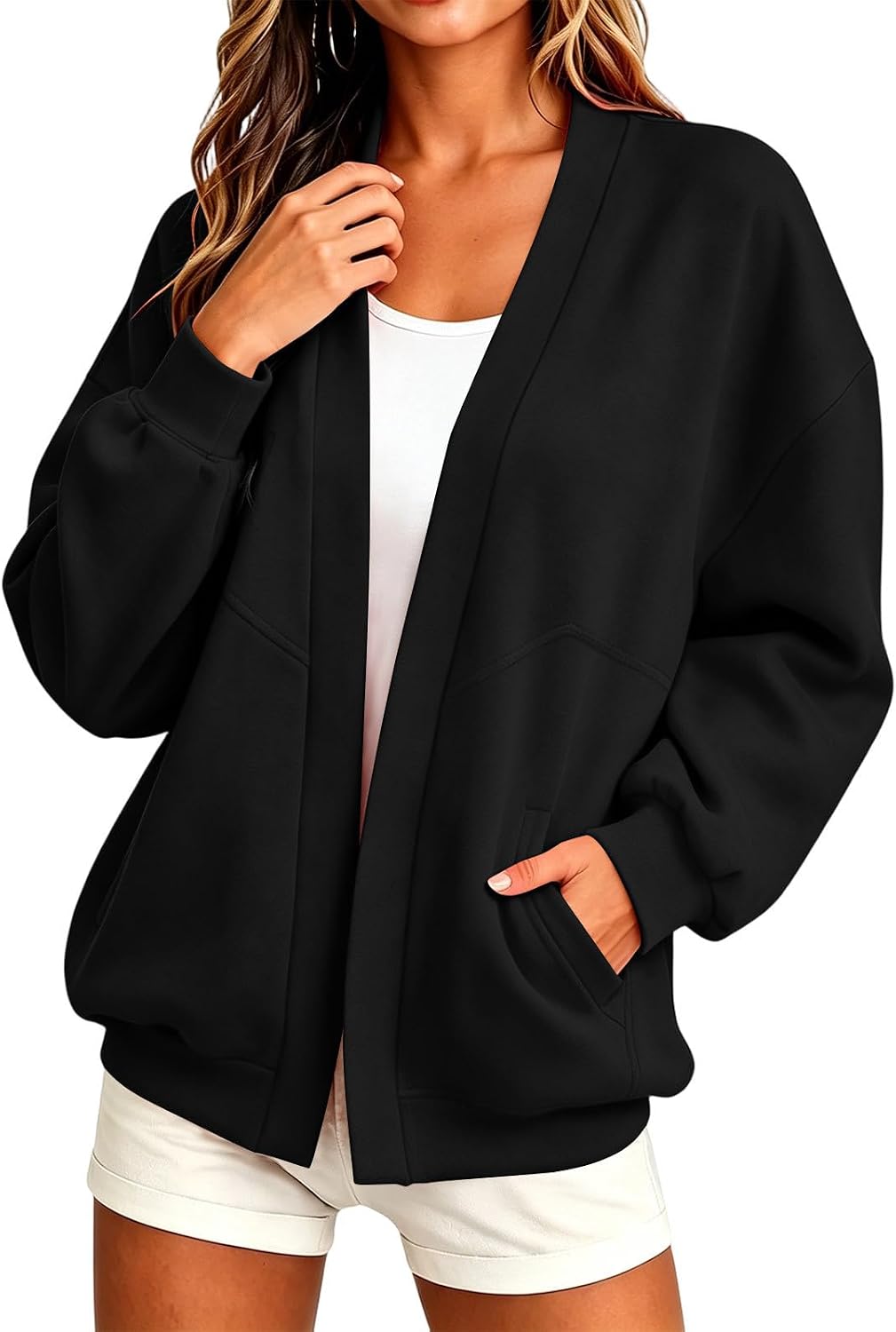 Womens Oversized Zip Hoodie Chest Pocket Travel Campus Casual Layering Top Capsule Wardrobe for Women 2026 Sudaderas Con Capucha Para Mujer Fall Clothes 2026 Winter Fashion Outfits Black