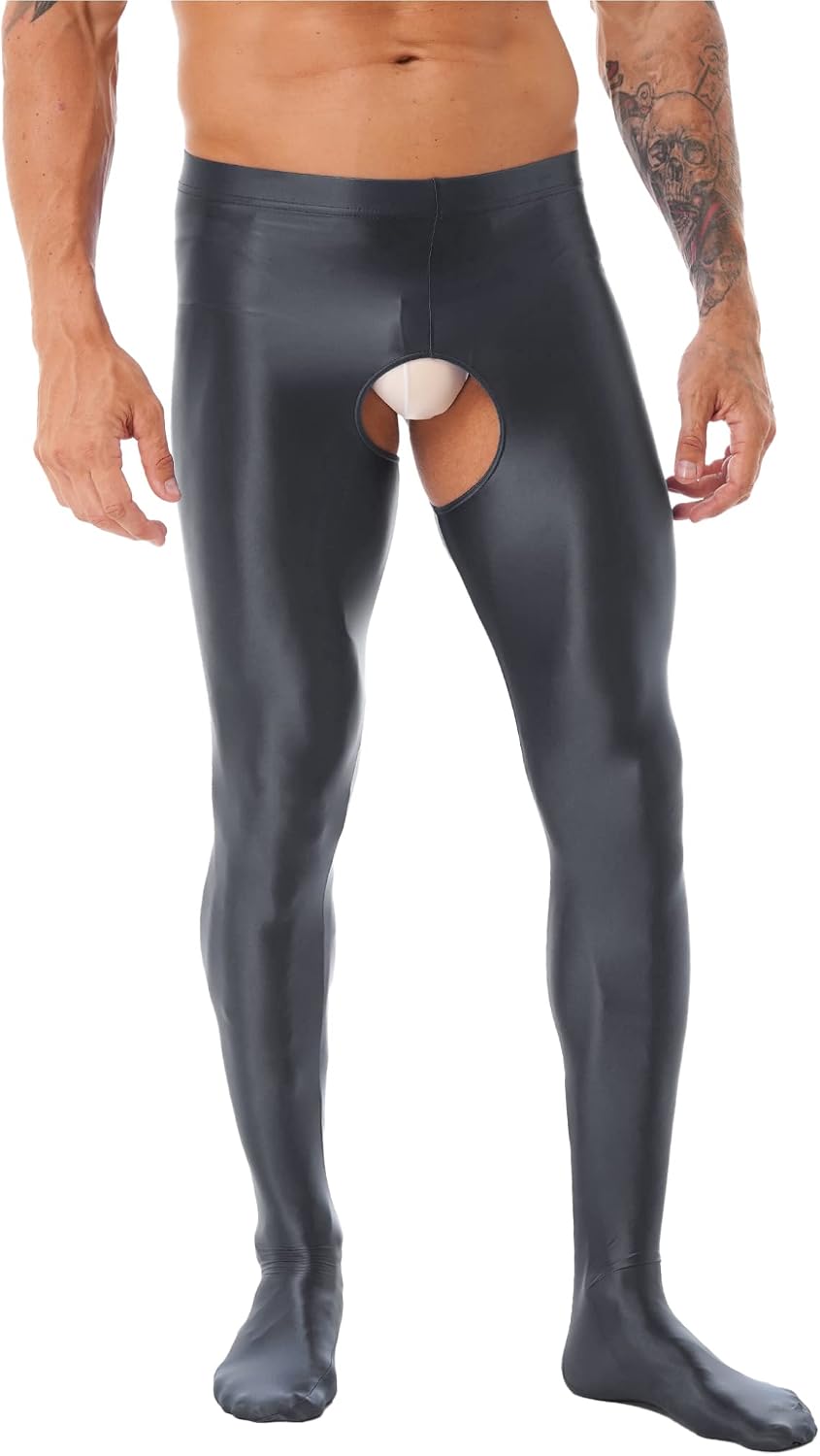 Oyolan Mens Glossy Semi See-through Hollow Out Compression Pants Running Tights Stretchy Leggings for Sports