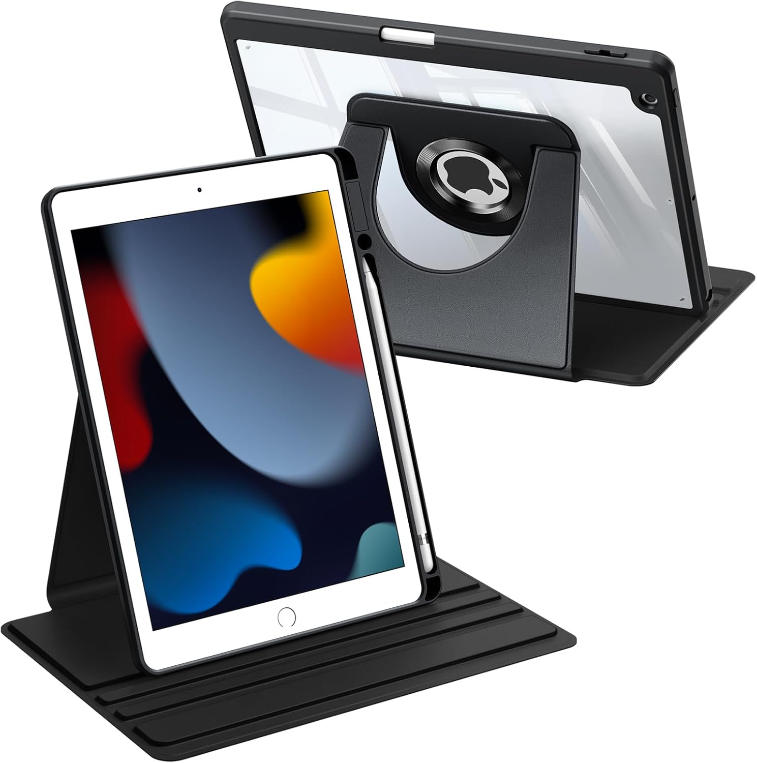 Fintie Clear Rotating Case for iPad 9th / 8th / 7th Generation 10.2 Inch | 360° Swivel Stand, Hard PC Back Cover with Pencil Holder, Portrait & Landscape Viewing, Corner Protection, Black