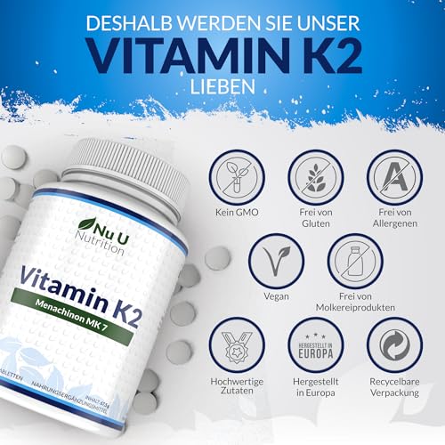 Vitamin K2 MK7 200µg - 365 Vegane Tabletten nicht Kapseln - 12 Monate Vorrat - 200mcg pro Tablette - Vit K2 MK-7 Menaquinon Hochdosiert - Nu U Nutrition