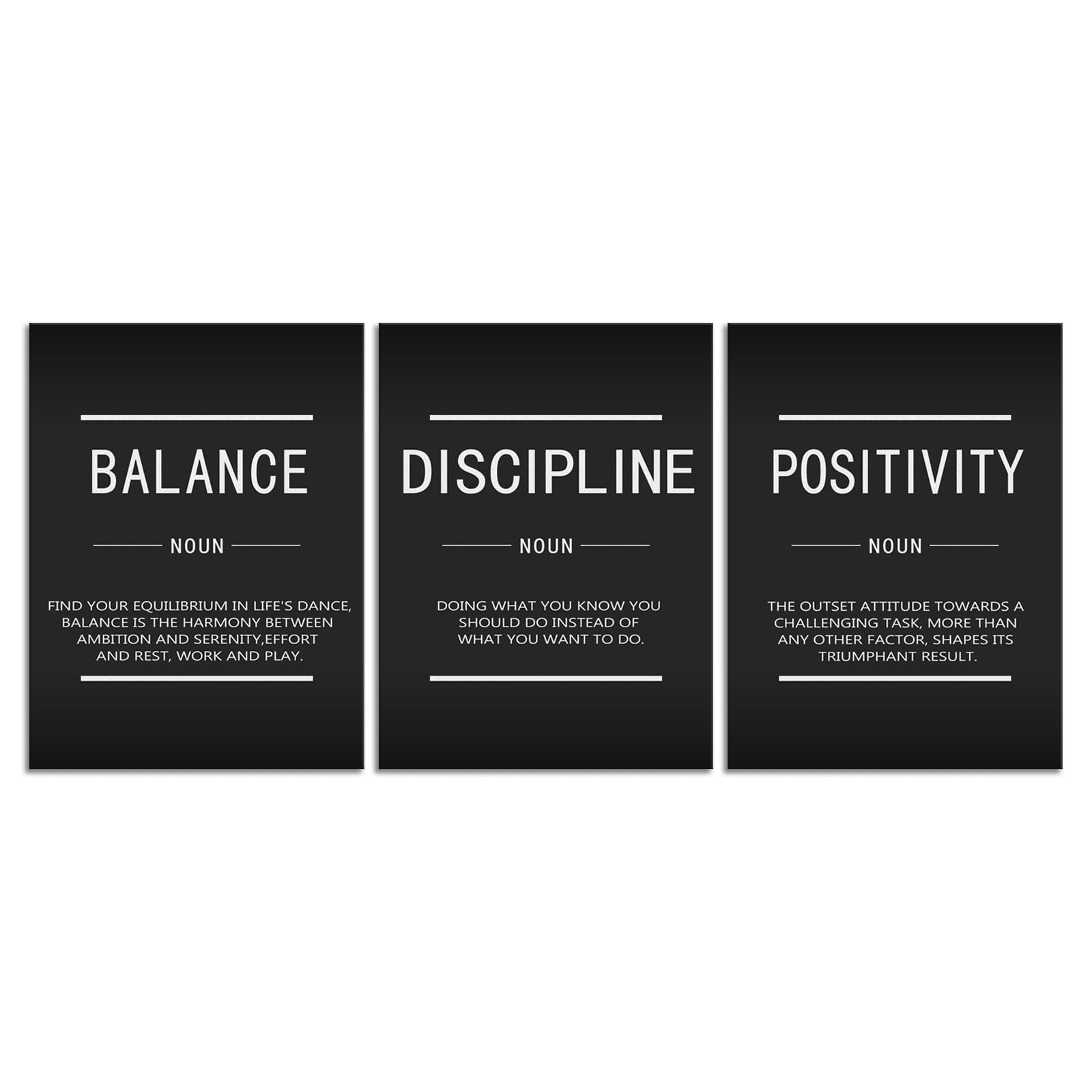 Lienzo inspirador para pared, equilibrio disciplina, positividad, sustantivo, decoración de oficina, 3 piezas, pósteres, impresiones motivacionales para decoración de pared, sala de estar, gimnasio,
