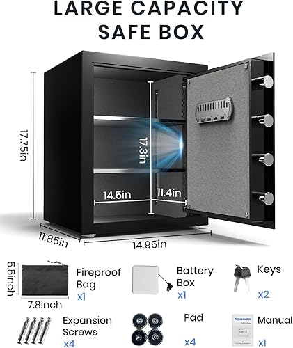Miniatura 5 de Caja fuerte, caja fuerte para el hogar con llave y bolsa impermeable ignífuga, 2.0 pies cúbicos, caja fuerte para dinero en efectivo y oficina, caja