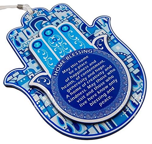 Hamsa Hand Wall Decor Home Blessing Jerusalem Blue Oriental Design Evil Eye Protection Amulet (English Blessing) #TOP4