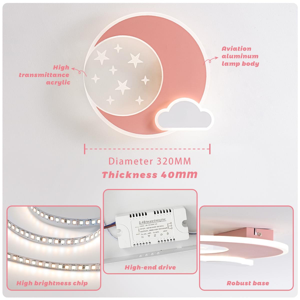 LED Deckenleuchte Rosa Stern Mond Deckenleuchte Dimmbar mit Fernbedienung,Nachtlichtfunktion,Kinderzimmer Schlafzimmer Wohnzimmer Flur Jungen und Mädchen Schlafzimmer Deckenleuchten 30cm