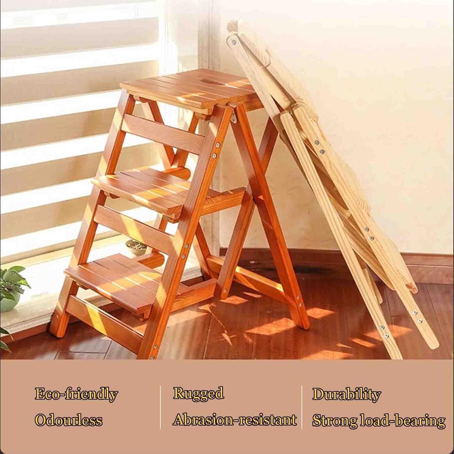 Creative Ladder and Chair Multi-Functional Folding Ladder and Chair Indoor Ladder and Chair Solid Wood Triple Ladder and Stool Strong Bearing Capacity Sanding Smooth (Color : Light Walnut, Size : 42