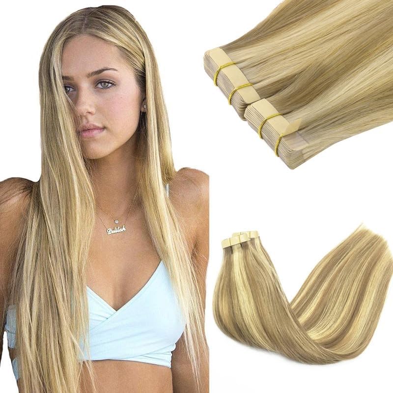 GOO GOO Tape in Hair Extensions Human Hair, 16/22 Light Blonde Highlighted Golden Blonde, 18inch 100g 40pcs, Skin Weft Seamless Invisible, Silky