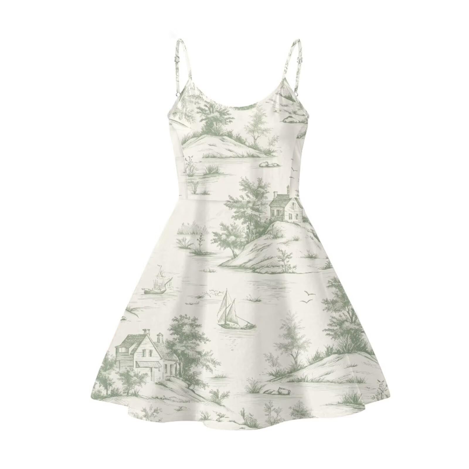 Women's Spaghetti Strap Dress Summer Casual Swing Sundress Girls Beachwear Swing Mini Dress