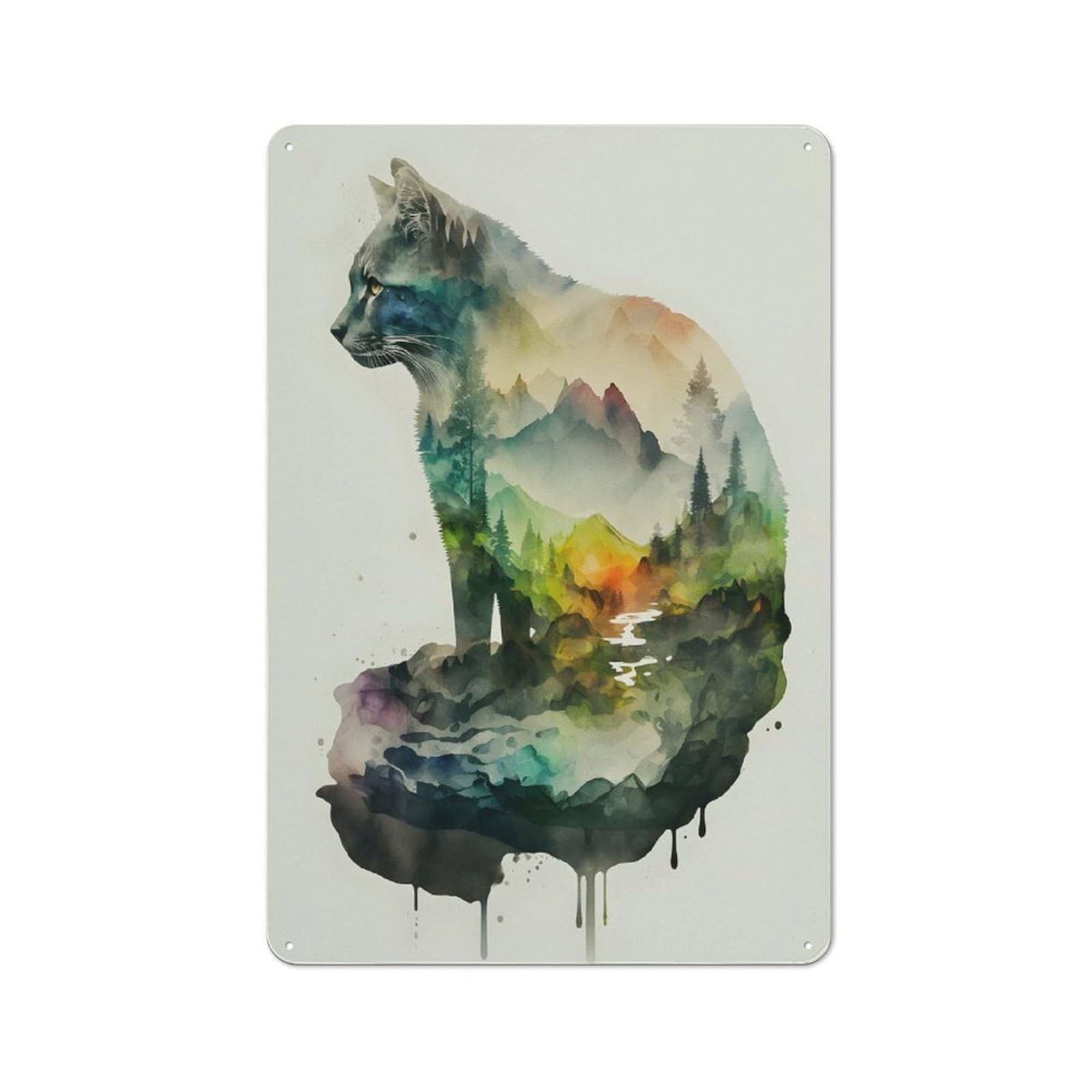 Junmoney Style-17 Cat Nature Watercolors Tin Wall Plaque 30X20cm, Rustic Cottage Wall Art For Dining Room, Cafe, Entryway Or Family Room