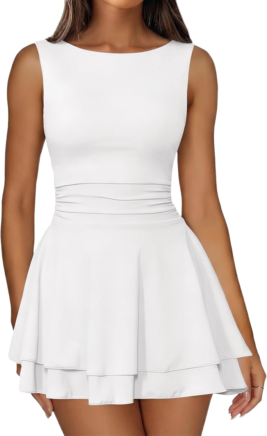 IWD Women's Boat Neck Sleeveless Mini Dress Ruched Waist Flowy Tiered Ruffle Hem A Line Party Short Dresses