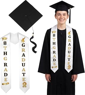2 Pcs 8th Grade Graduation Cap and Stole, Unisex Black Gold Grad Cap and Graduation Stole for Boys Girls Gift