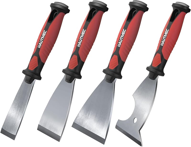 HAUTMEC Putty Knife 4 PC Set, 1.25",2",3" Paint Scraper & 3" 8-in-1 Paint Stripper, Heavy Duty Stainless Steel Blade and Hammer End for Removing Wallpaper, Plaster, Cement 25060