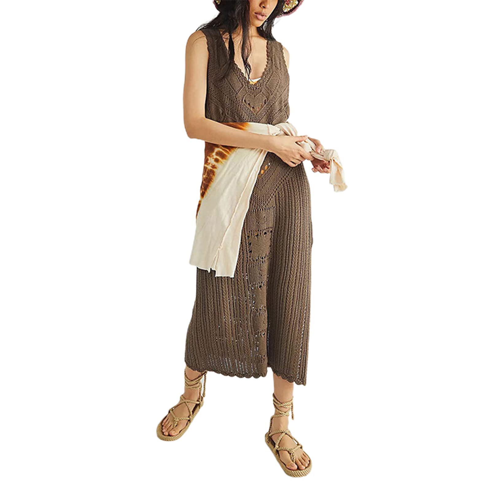 Mododer Women's Cover Up V-Neck Sleeveless Knitted Ankle Length Hollow Hem Side Slit Swimsuit Blouse