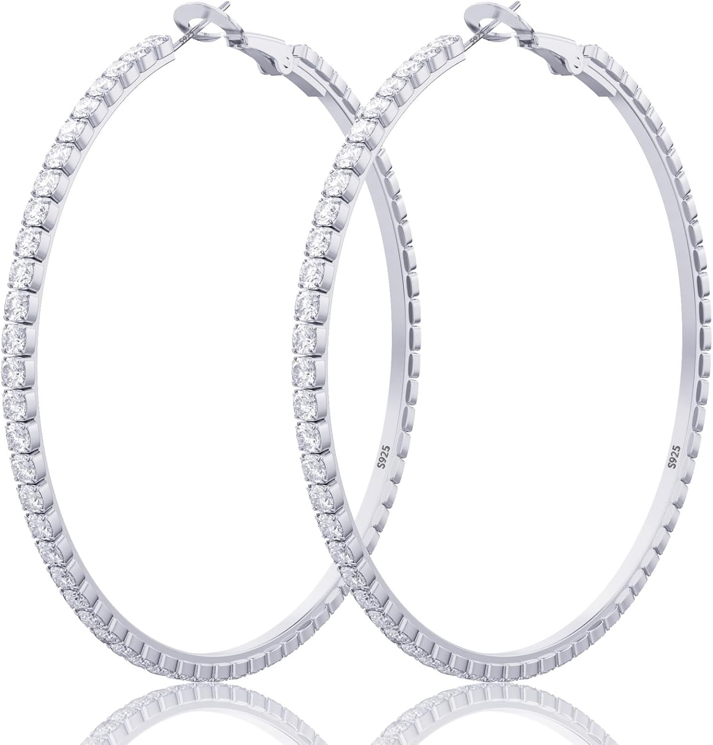 Rhinestone Hoops Earring for Womens Large Big 925 Sterling Silver Hoop Earrings With Diamond Medium Silver or Gold Earrings Gifts Non Tarnish Hypoallergenic Lightweight 30 40 50 60 70mm