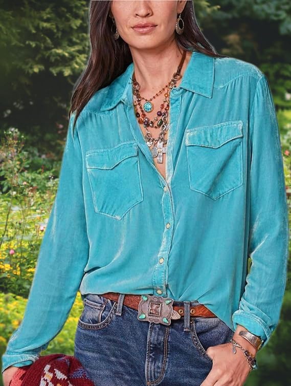 Velvet Shirts for Women Long Sleeve Button Down Shirt Vintage Tops Lapel Blouse Fall Winter Tee with Pocket - Image 3