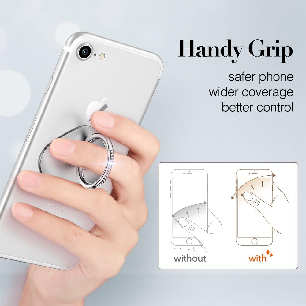 ESR Cell Phone Ring Holder Stand, Universal 360° Rotation Finger Kickstand with Glitter Rhinestone Compatible with iPhone/iPad/All Smartphone and Tablet - Silver