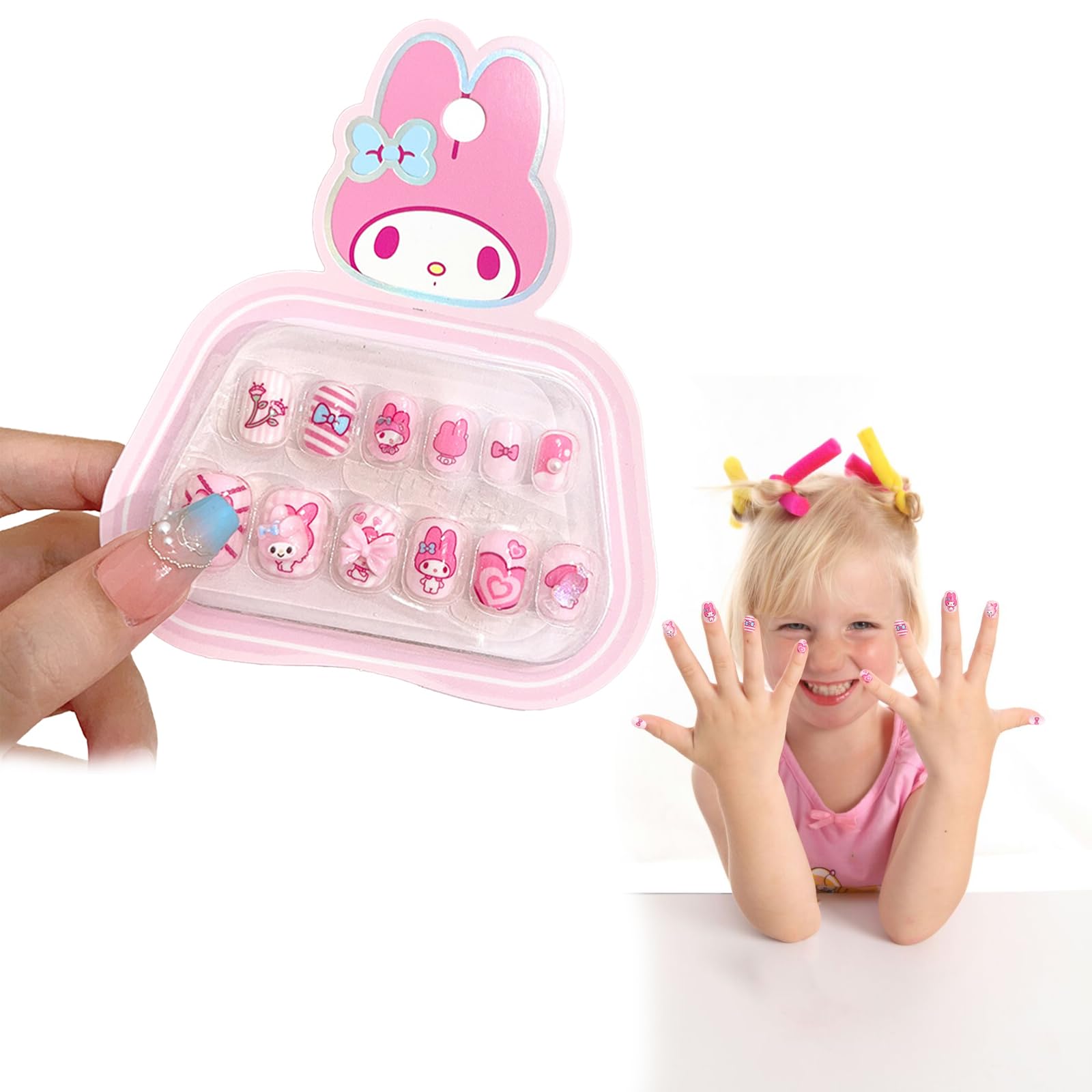 tewiaii 12Pcs Press on Nails for Girls, Children Press on Fake Nail Tip Cartoon Kids Full Cover Short Children Artificial Nail ,Cute Fake Nails with Relief Designs, Ideal Gift for Girls (Pink, 1) Pink 1