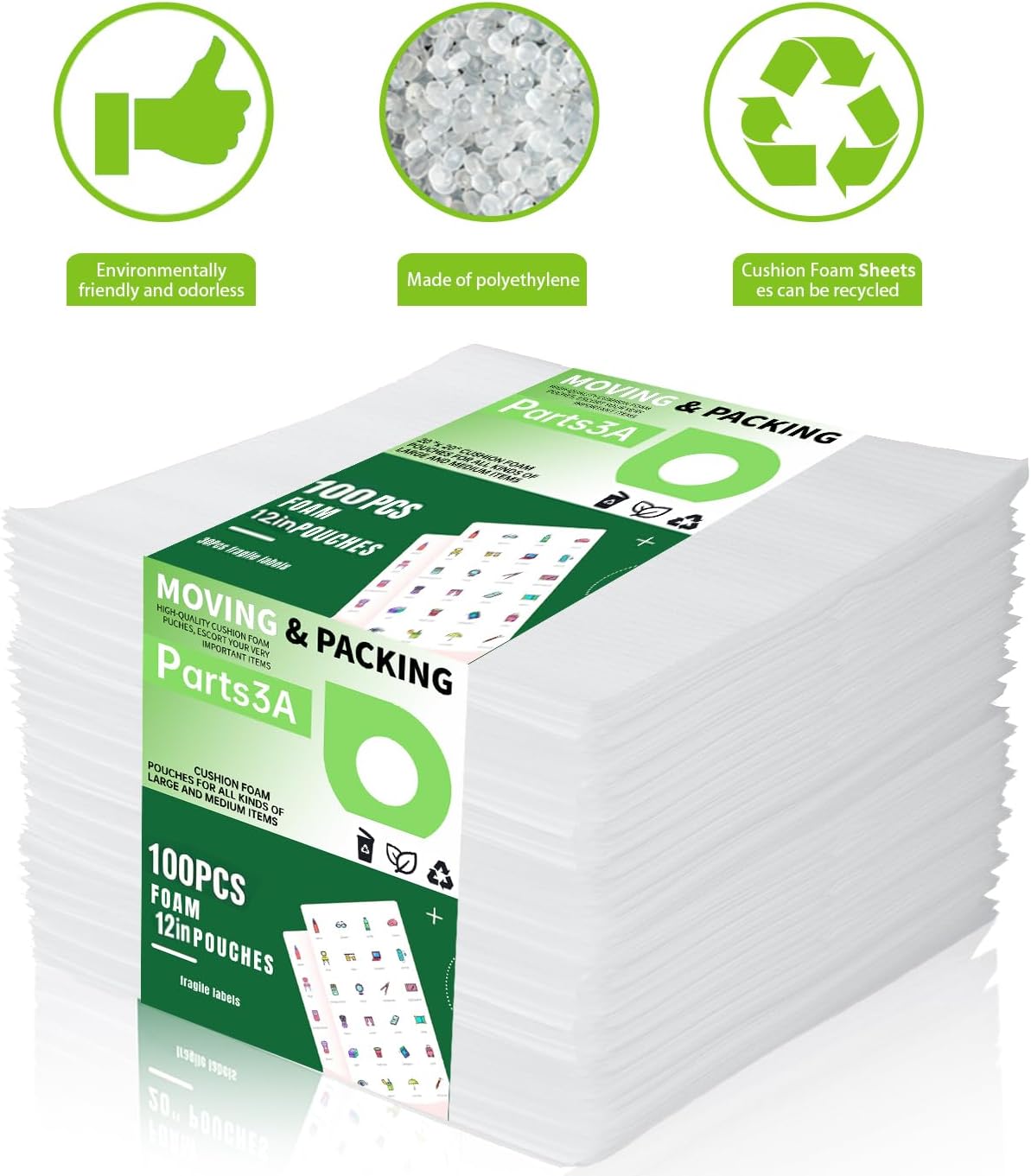 Foam Wrap Roll,100P Foam Pouches, 50P Foam Sheets, 100Sheets Packing Paper | Parts3A 401 Pcs Moving supplies, Incidental 150Pcs Fragile Stickers