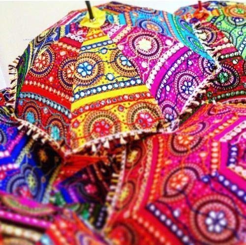 Indian 5 Pcs Wedding Umbrella Decoration Handmade Embroidery Elephant Umbrella Decorations Mirror Parasols Cotton Umbrellas Lot (Multi Color) #TOP5