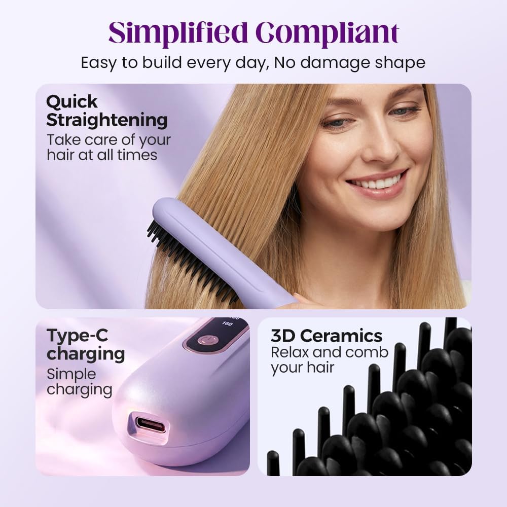 Portable Straightener Brush for Short Hair, 2026 Upgraded Cordless Straightening Brush with 30s Fast Heat, 3 Temperature Setting, Ionic Ceramic Care, USB-C Rechargeable for Frizz Free Styling (Purple)