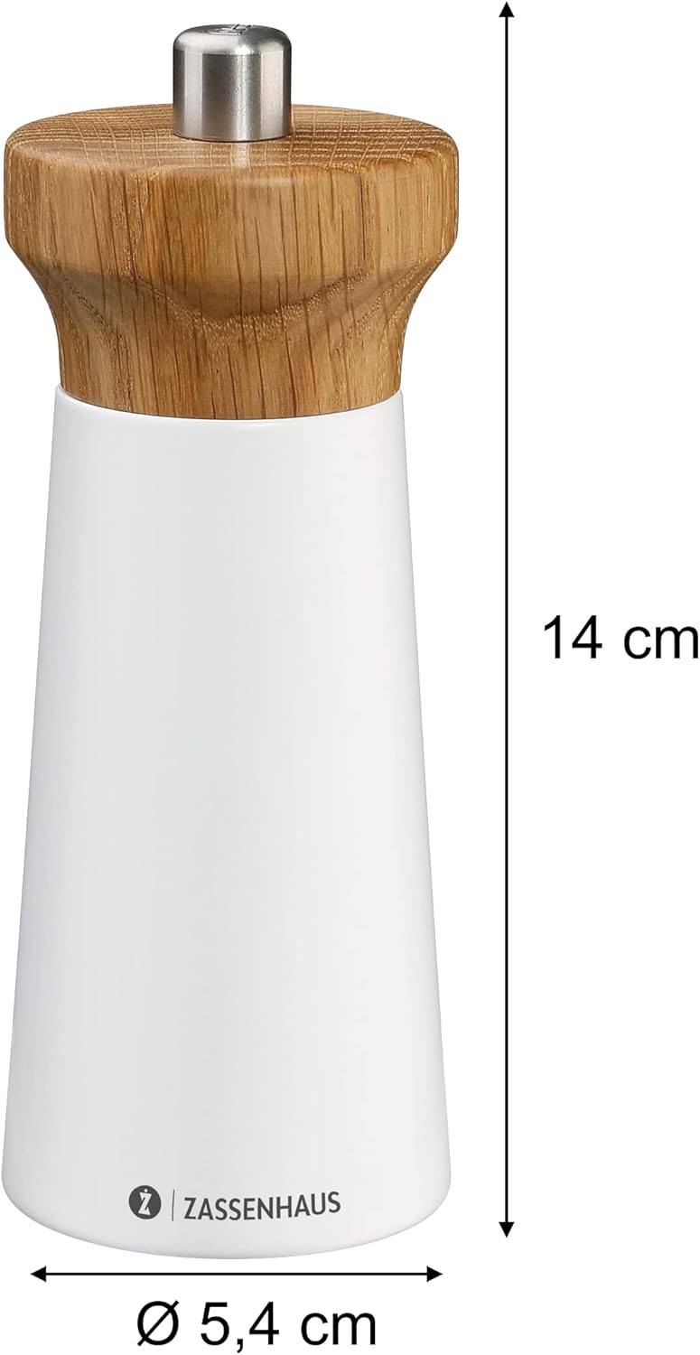 Zassenhaus Westerland Salt Mill Wood White/Beech Wood Mill Head Made of Oak Wood with Infinitely Adjustable High Performance Ceramic Grinder Spice Mill for Salt 14 cm, Diameter 5.4 cm