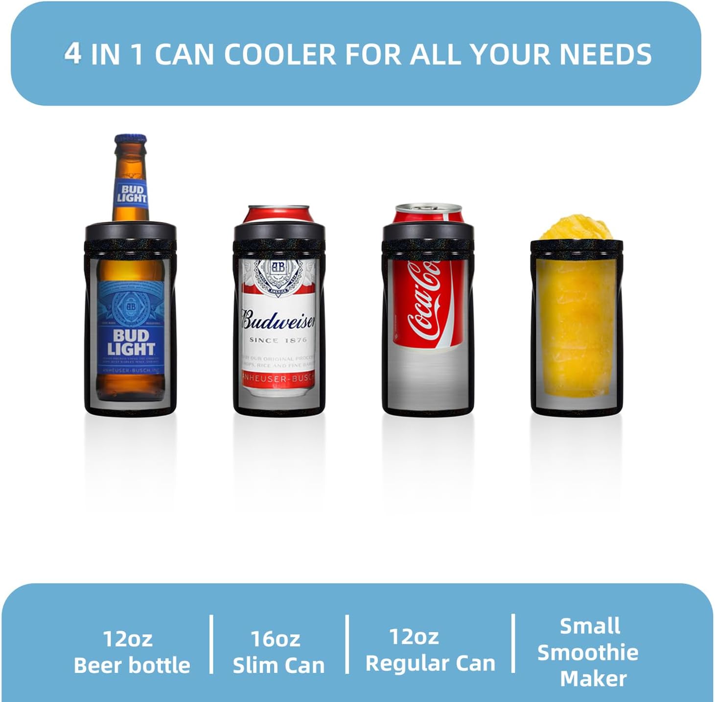 COKTIK 4 in 1 Insulated Can Cooler, Doublae Wall Slim Can Cooler for 12 oz Regular or Slim Cans & Beer Bottle (Black Shimmer) - Image 3