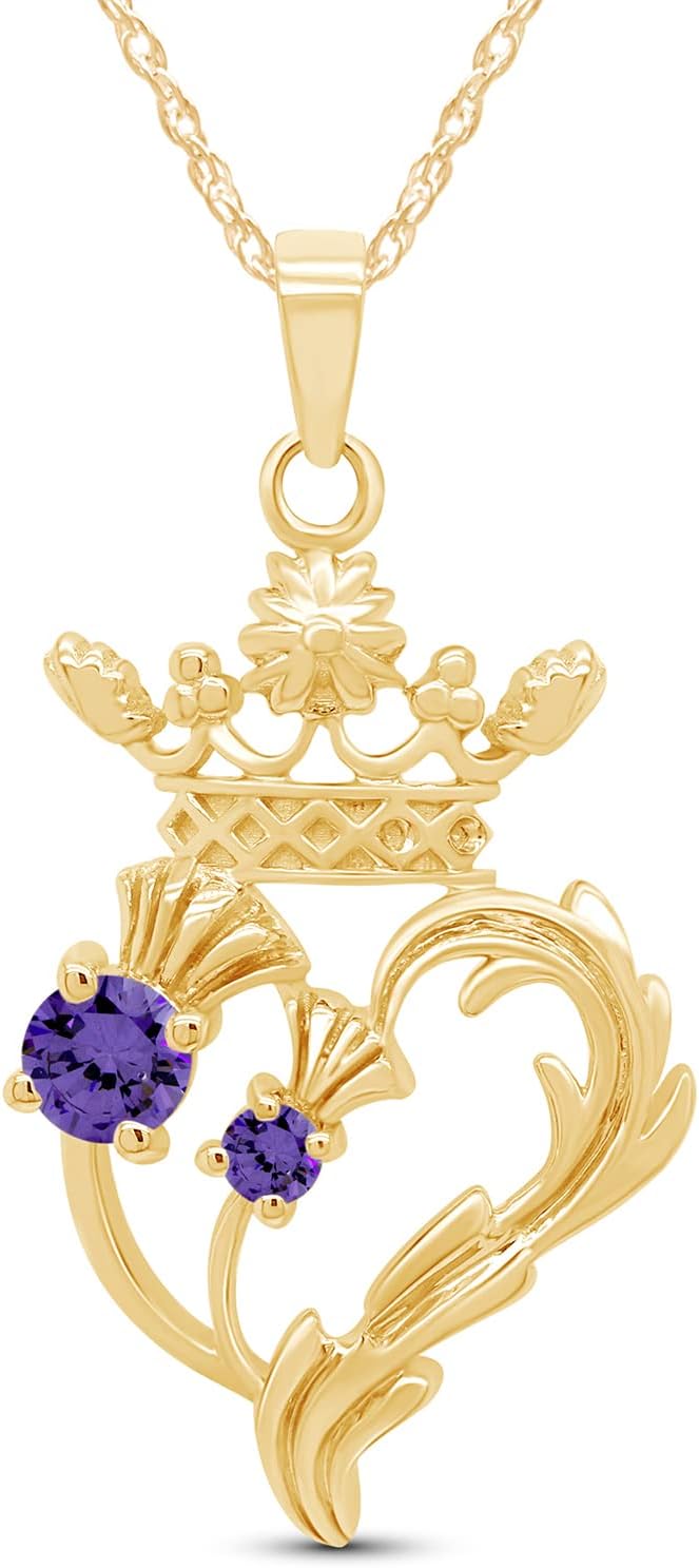 AFFY Luckenbooth (Scottish Symbol of Love) Thistle Heart Crown Simulated Amethyst Pendant Sterling Silver