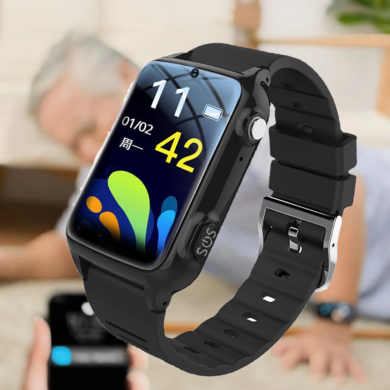 Générique Montre Connectée avec détecteur de Chute, SOS Bouton d'appel pour Personnes âgées, Montre Intelligente GPS Positionnement Alarme Chute pour D'Alzheimer (Noir)