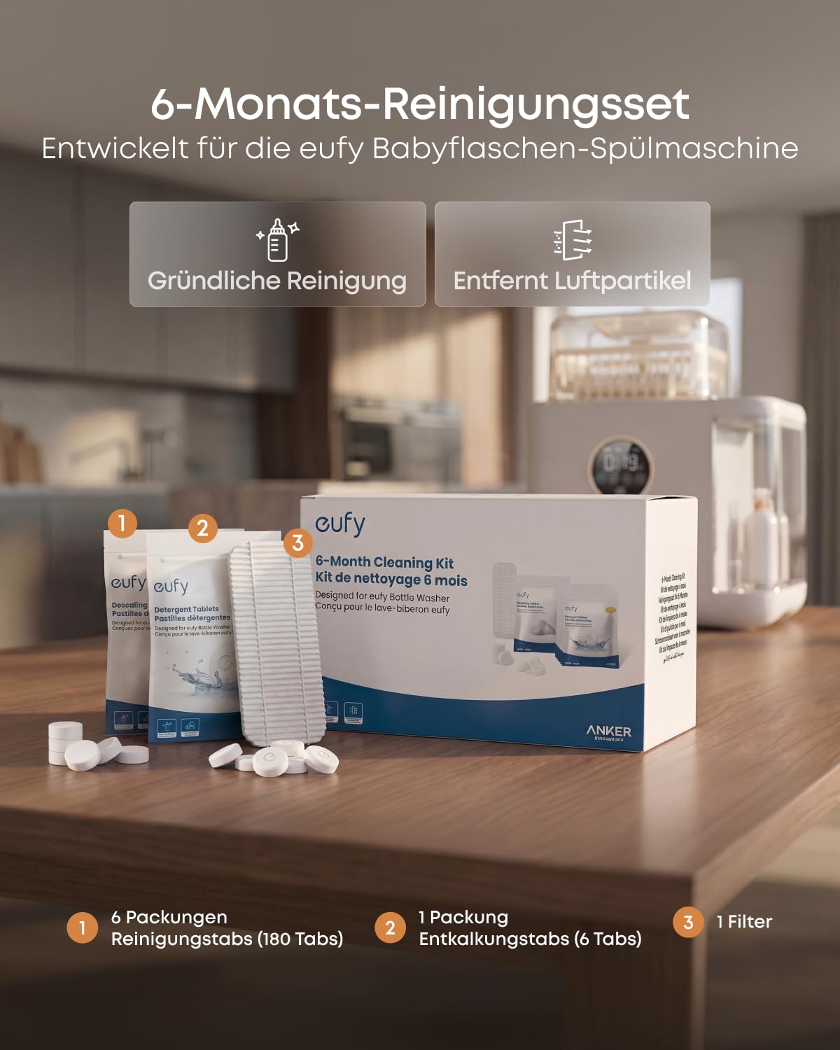 eufy 6-Monats-Reinigungsset für eufy Babyflaschen-Spülmaschine, mit Reinigungstabs (180 Stück), Entkalkungstabs (6 Stück) und Filter