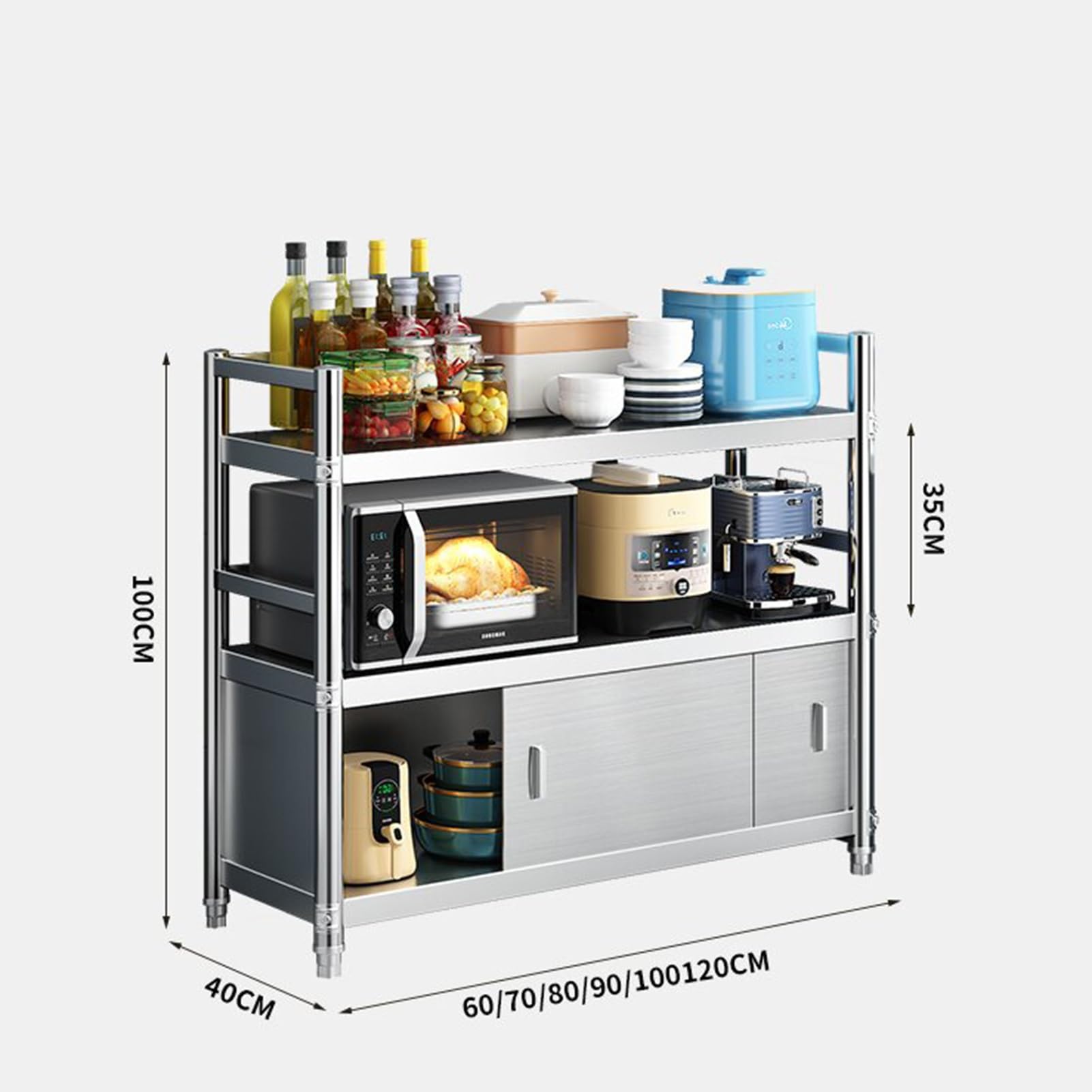 Tavolo resistente in acciaio inox con armadio e scaffalatura, per cucina, ristorante, hotel, garage, 80 x 40 x 100 cm