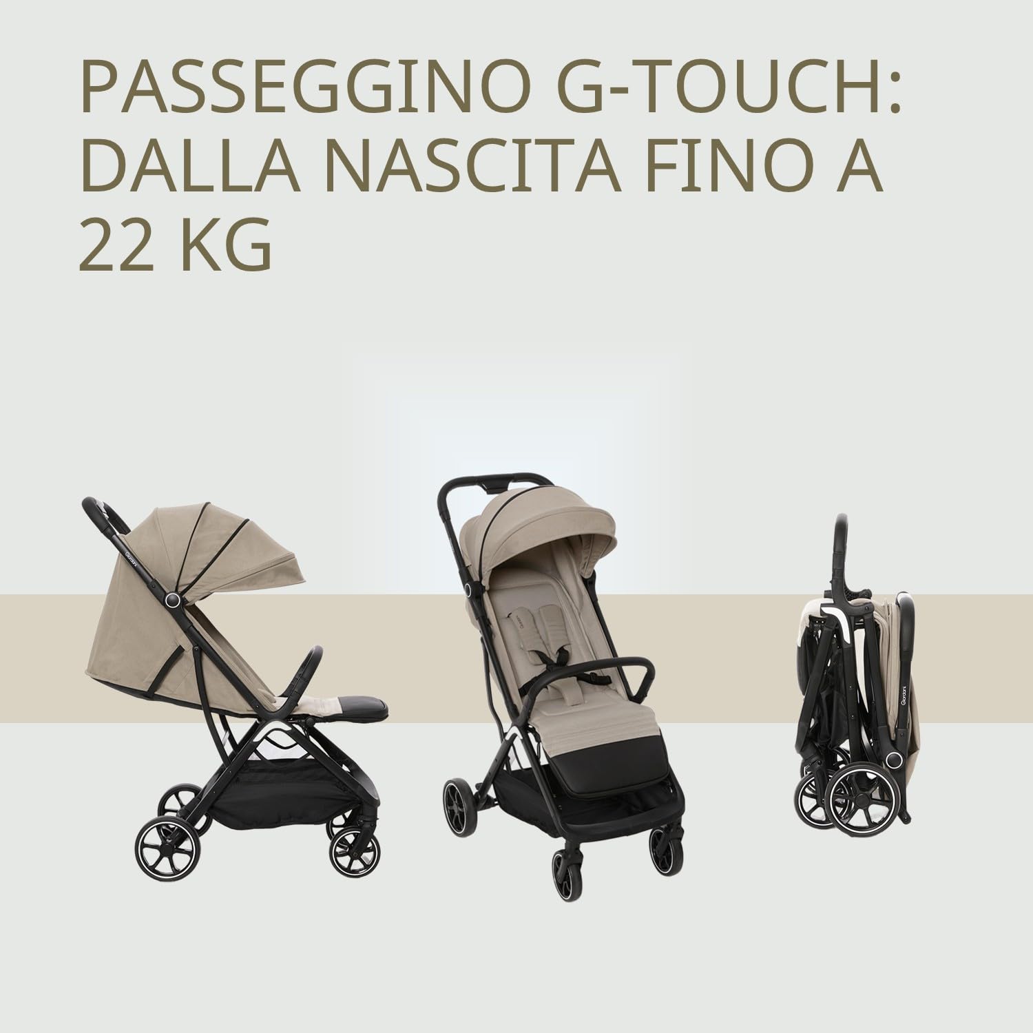 Giordani G-Touch Passeggino Leggero 6.9 kg, Chiusura Automatica One-Touch, da 0 Mesi a 22 kg,Seduta Imbottita, Ruote con Sospensioni e Dettagli in Ecopelle, Compatto e Salvaspazio, Beige