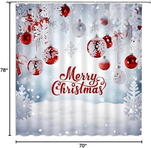 Miniatura 7 de Cortina de ducha de Navidad, campo de nieve blanco, árbol de Navidad, bola de Navidad roja, bayas y nieve, decoración de baño, 70 x 70 pulgadas con