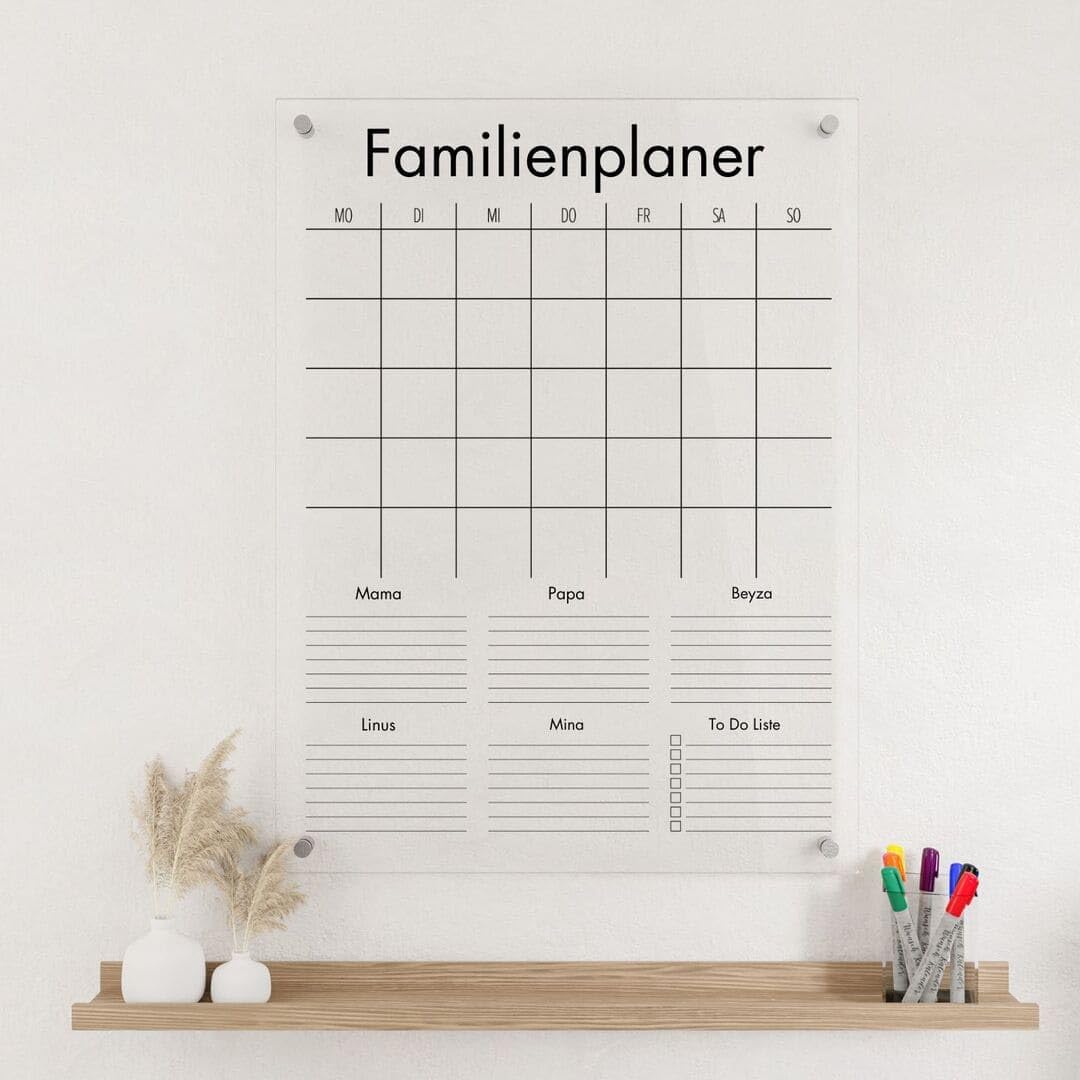 personalisierter Wandkalender - Hochkant 5-Namen Familienplaner - wiederverwendbarer Kalender aus Acrylglas - Familienplaner abwischbar - Hingucker für jeden Raum