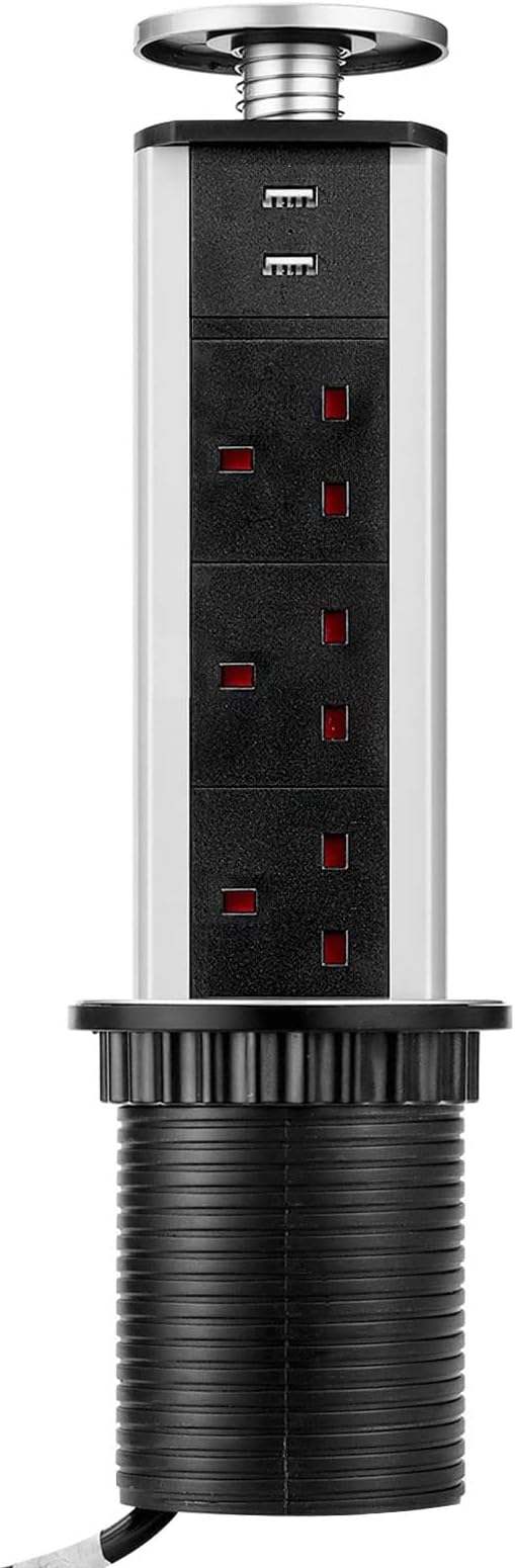 Youyijia Pop Up Socket with 3 Power Sockets Plug 2 USB Ports Pull Extension Worktop Socket 1.8m Lead Safety Plug Sockets Switch for Home Office Kitchen Worktops Desktop