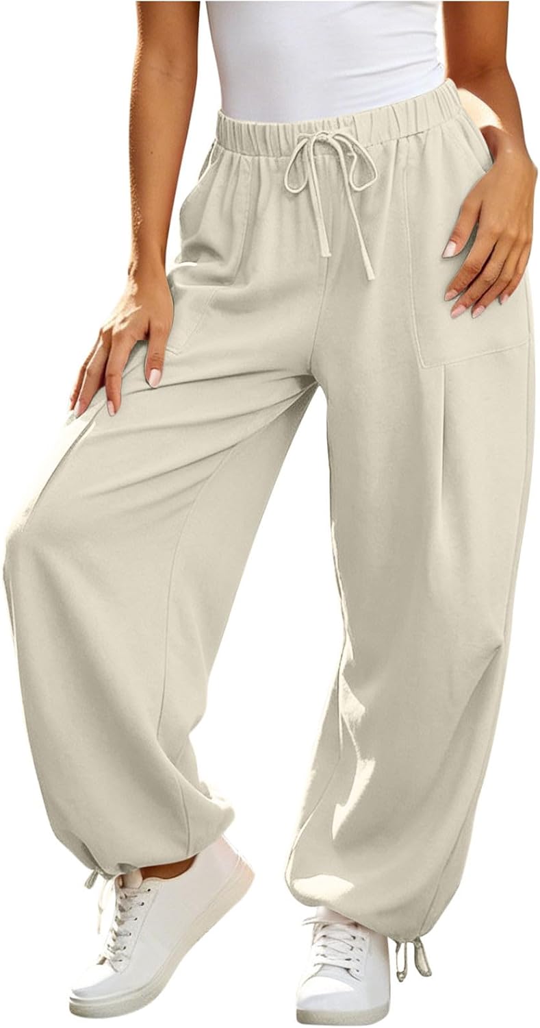 Womens Wide Leg Sweatpants High Waist Lightweight Lounge Pants with Pockets Drawstring Pleated Loose Fit Joggers