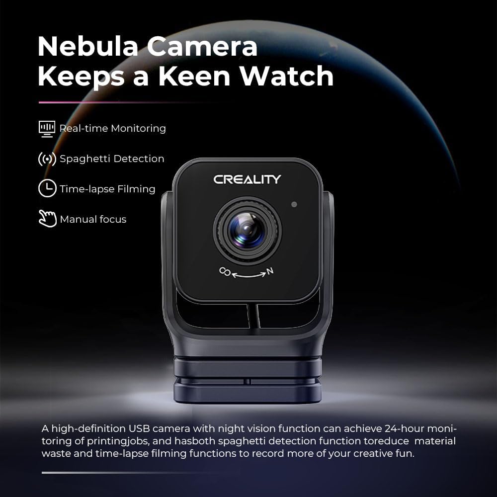 Nebula Camera features: Real-time Monitoring, Spaghetti Detection, Time-lapse Filming, Manual focus