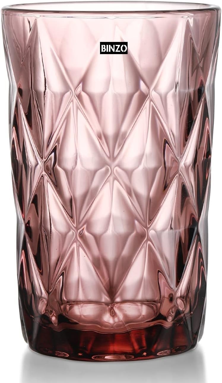 BINZO Color Water Glasses, Set of 6, 400 ml, Textured Purple Highball Colored Glassware, Drinking Tumbler Glass for Juice, Drinks, Home, Kitchen, Beverage, Gift (Purple, Long, 400 ml, Set of 6)