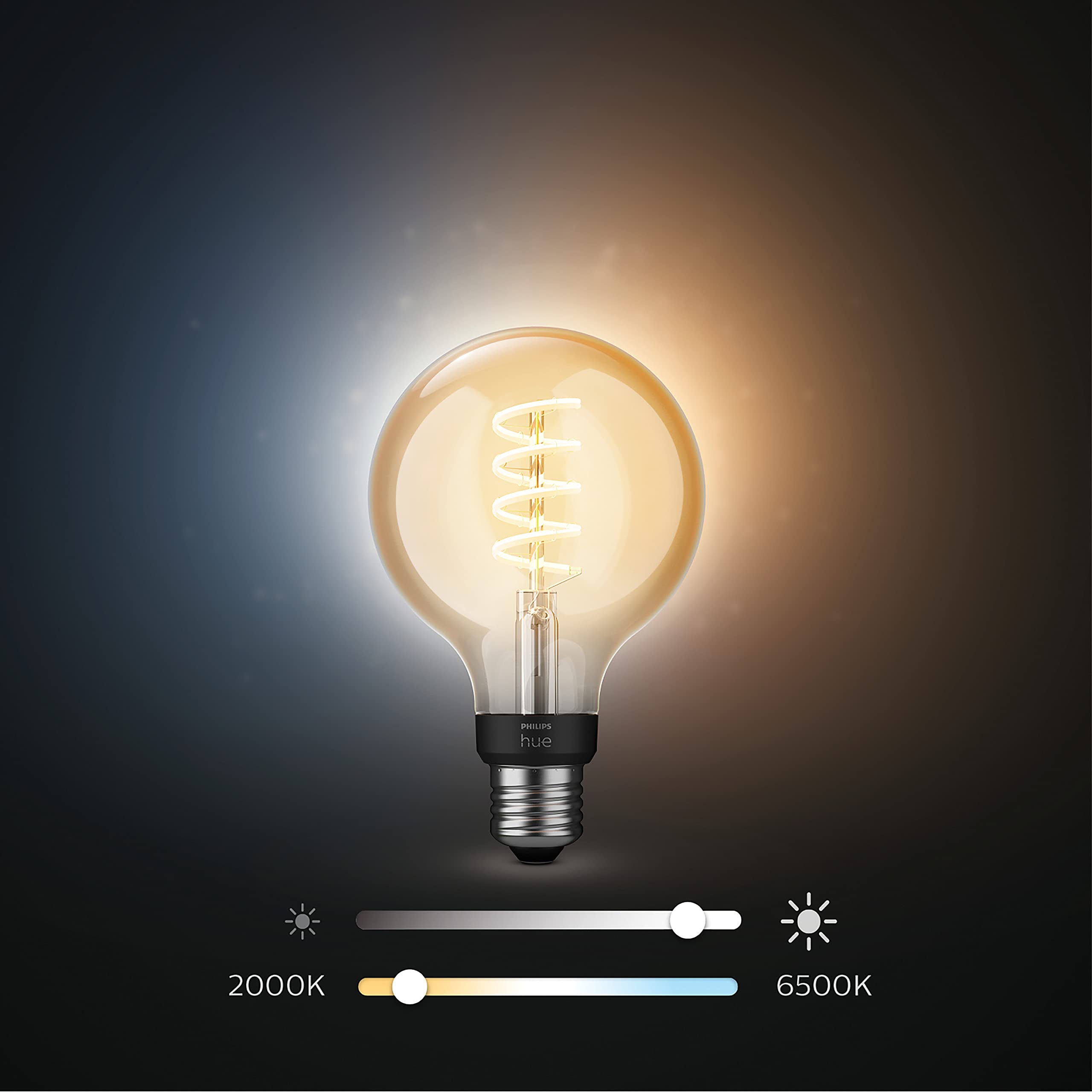 Philips Hue Starterpaket - E27 - mit 3 Filament Lampen Mix - Warm bis Kaltweißes Licht - inkl. 1 Hue Bridge, 1 Hue Dimmschalter - Hue White Ambiance Filament
