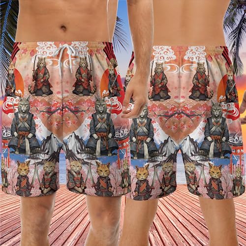 Japanese Samurai Men's Swim Trunks - Japanese Warrior Hawaiian Shorts for Men, Men's Summer Bathing Shorts Set 223