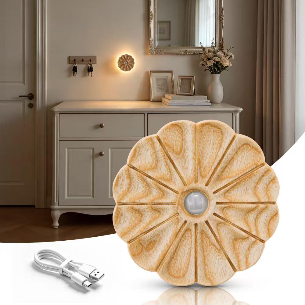 LED Motion Sensor Lights Indoor USB Carved Rechargeable Magnetic Motion Sensor Lights for Hallway Bedroom Baby Closet (Ash Wood, MH, 1 Pack)-image-8
