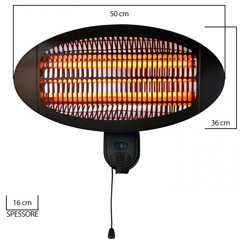 Stufa a Parete da Esterno e Interno 2000W con 3 Elementi Riscaldanti Basso Consumo Energetico per Patio Gazebo Bar Ristoranti Lampada Infrarossi Quarzo