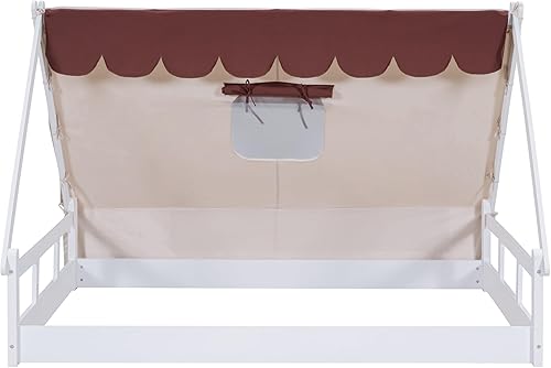 Miniatura 4 de Harper & Bright Designs Marco de cama de tamaño matrimonial para niños, cama de madera con tela, marcos de cama para niños con valla y techo, cama